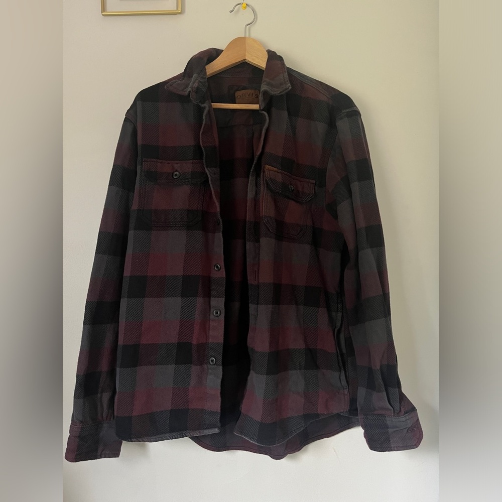 Orvis Flannel Shirt Men's Red Black Plaid Button Up Cotton Heavy Size Medium